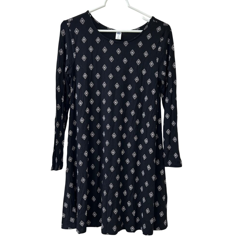 Old Navy Womens Sz Small Petite Black White Jersey Knit Swing Long Sleeve Dress